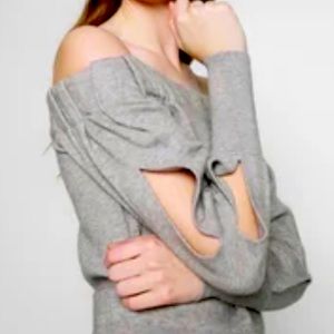 GOOD AMERICAN EUC Heather grey gray off shoulder sweater cut out sleeves 0 XS S